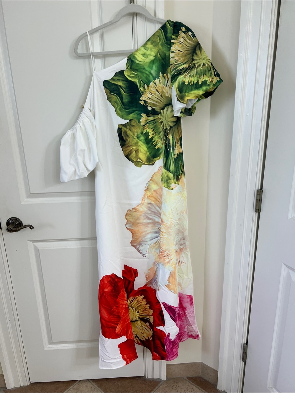 Women’s White One-Shoulder Maxi Dress with Multi-Color Floral Print - Picture 2 of 6